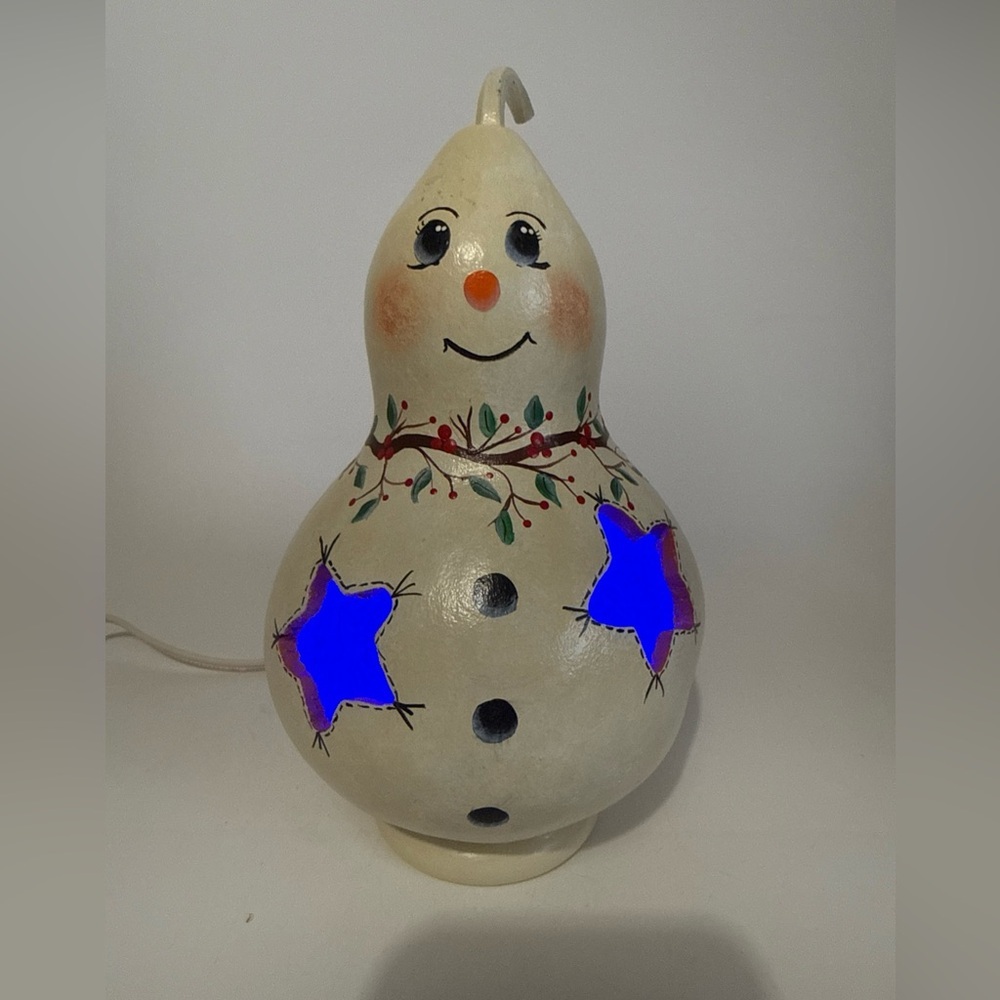 Hand painted Snowman Gourd Table Lamp night light star cut out